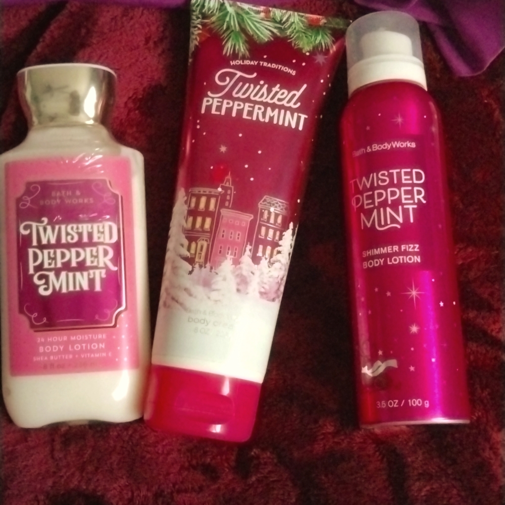 BATH&BODY WORKS TWISTED PEPPERMINT: Body Lotion,Body Cream&Shimmer Fizz Body Lo.